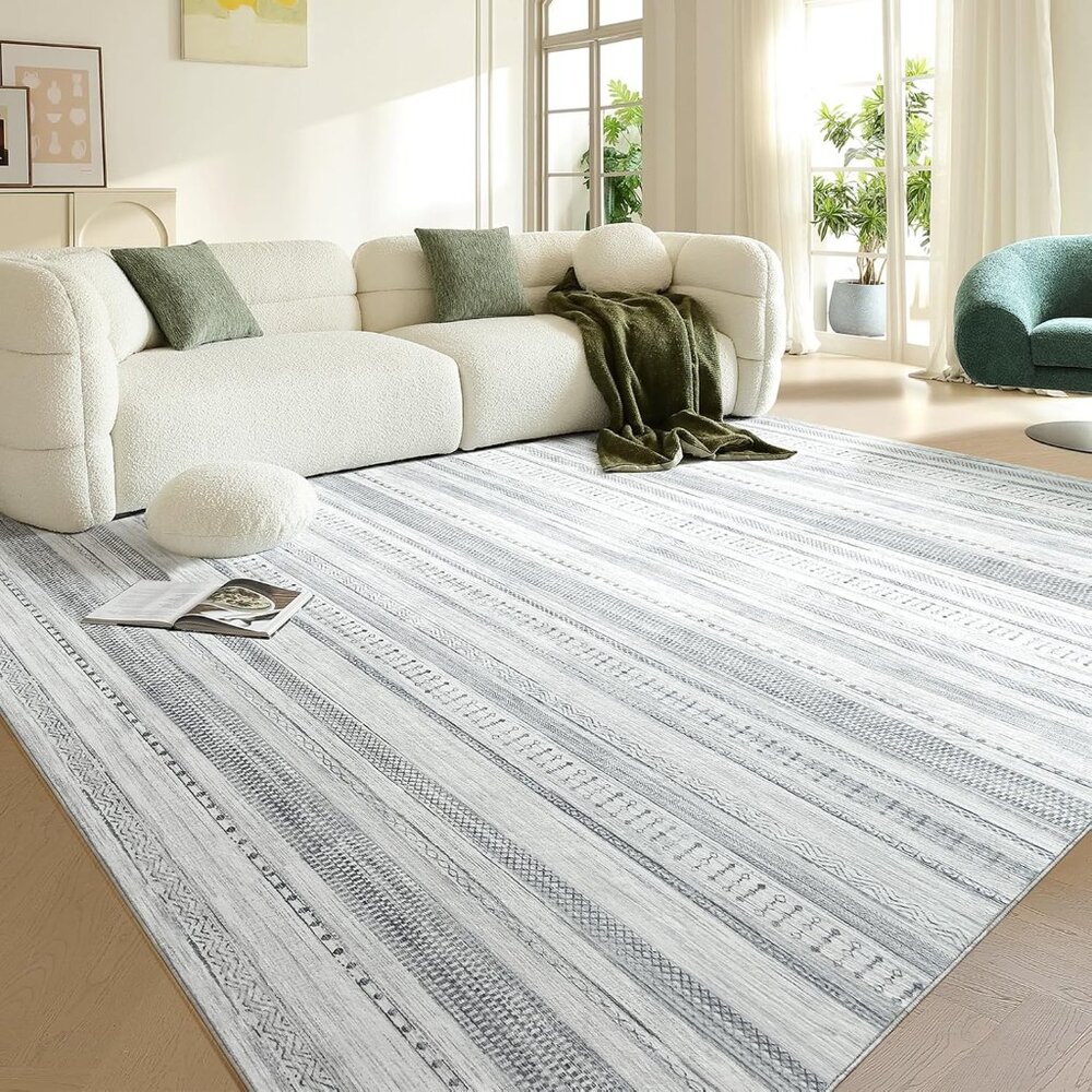 New 5x7 Grey Area Rug, Washable Soft Geometric Carpet for Home, Room & Office